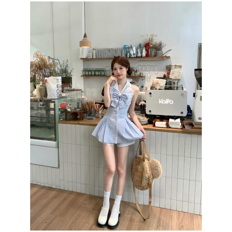 夏季纯欲风POLO领蝴蝶结收腰显瘦连衣裙高腰裙裤甜美少女感两件套,女装/女士精品,时尚套装,淘宝优惠券,粉丝福利购,淘宝优惠卷