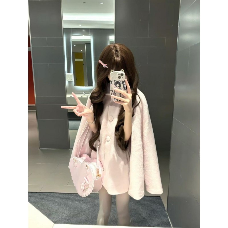 秋冬留洋大小姐千金感斗篷大衣可爱软妹风粉色蝴蝶结宽松加厚外套