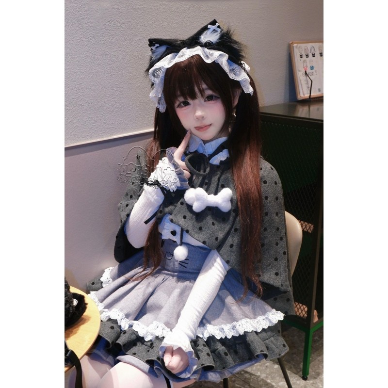 冬季新款日系甜美可爱少女感波点斗篷外套显瘦上衣猫咪背带裙套装