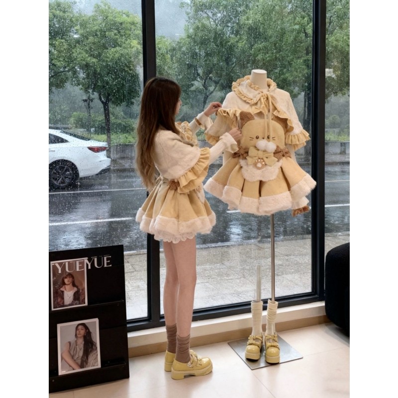 甜美可爱洛丽塔Lolita裙奶黄披肩斗篷打底衣收腰蓬蓬背带裙三件套,女装/女士精品,时尚套装,淘宝优惠券,粉丝福利购,淘宝优惠卷