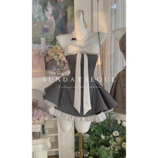 法式芭蕾风蝴蝶结抹胸连衣裙女夏季新款生日礼裙千金感收腰蓬蓬裙