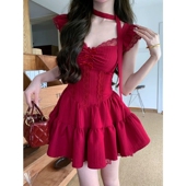 收腰显瘦短款 夏季 甜美千金感度假风红色裙子拼接花边小飞袖 连衣裙