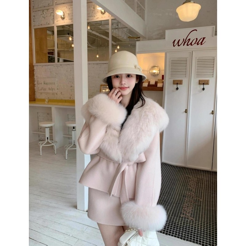 冬季气质名媛千金风两件套蝴蝶结绑带收腰毛呢外套高腰半身裙套装