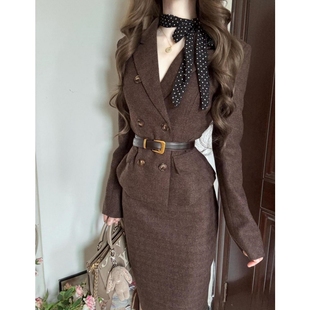 秋冬职场海妖风小西装 双排扣呢子外套高腰中长包臀裙气质御姐套装