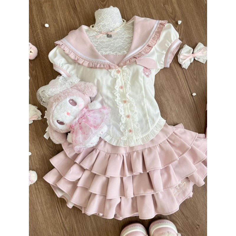 甜美少女感套装甜兔物语减龄荷叶边蕾丝短袖上衣显瘦蛋糕裙两件套,女装/女士精品,时尚套装,淘宝优惠券,粉丝福利购,淘宝优惠卷