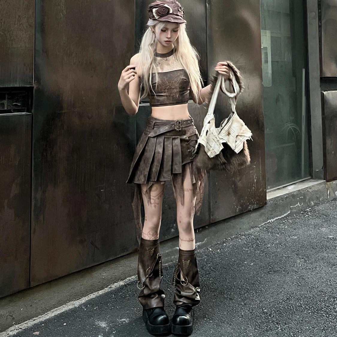 夏季美拉德复古辣妹设计感重工无袖露腰上衣不规则链条百褶裙套装,女装/女士精品,时尚套装,淘宝优惠券,粉丝福利购,淘宝优惠卷