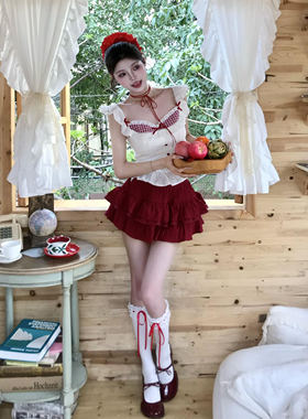 纯欲甜辣妹少女感假两件拼接格子小飞袖上衣女高腰红色蓬蓬裙套装