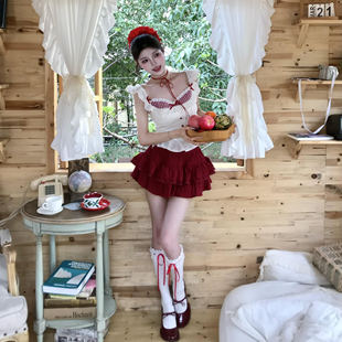 纯欲甜辣妹少女感假两件拼接格子小飞袖 上衣女高腰红色蓬蓬裙套装