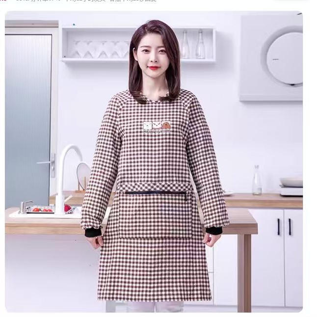 时尚女小熊长款棉布长袖围裙家用厨房做饭格子罩衣干活带袖工作服