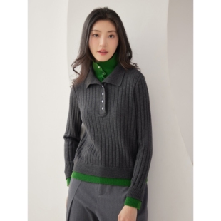 杨门秋冬新款假两件翻领高领毛衣女设计感双层领长袖针织衫上衣女