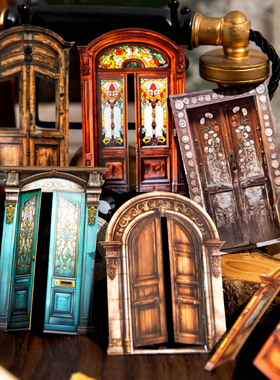 复古门庭硬卡贴纸古旧木门镂空欧式花窗手帐装饰diy场景拼贴画