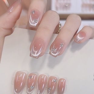 【简一精灵】手工穿戴甲秋冬新款法式猫眼裸色带钻美甲显白高级感