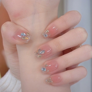 【秋冬美拉德】纯手工穿戴甲镶钻爆闪猫眼纯欲高级感裸色短中款