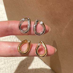 925银针扭曲素圈耳环女小众设计高级感耳扣耳钉独特个性 耳圈耳饰