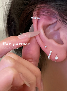 锆石耳钉女999纯银耳环耳骨环小众设计耳圈多耳洞叠戴耳骨钉耳饰