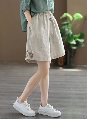 短裤女高腰绣花阔腿裤薄款棉麻夏