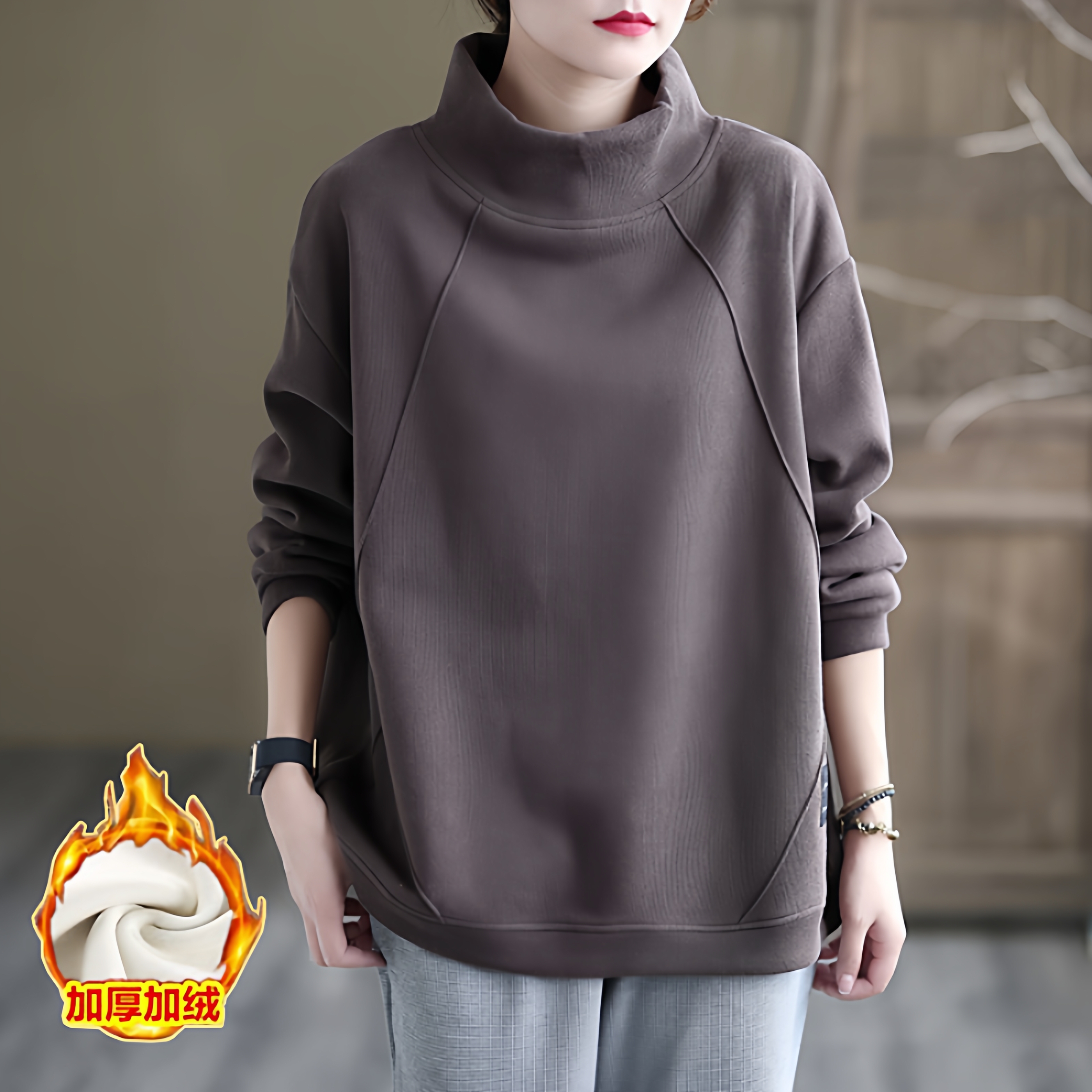 加绒保暖卫衣女半高领大码短外套