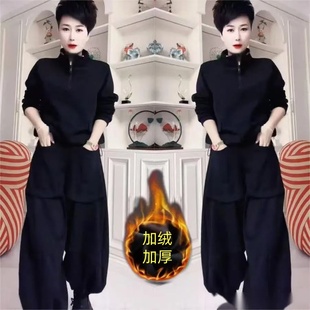 休闲百搭时尚 欧货潮牌半拉链卫捏褶松灯笼裤 新款 冬季 两件套爆 大码