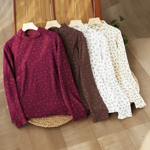 双面德绒秋冬款打底衫印花文艺复古民族风休闲碎花高领打底上衣女