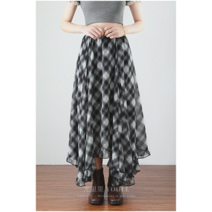 复古格纹木耳边不规则半身裙2026春夏新款 高腰显瘦胖MM大摆中长裙