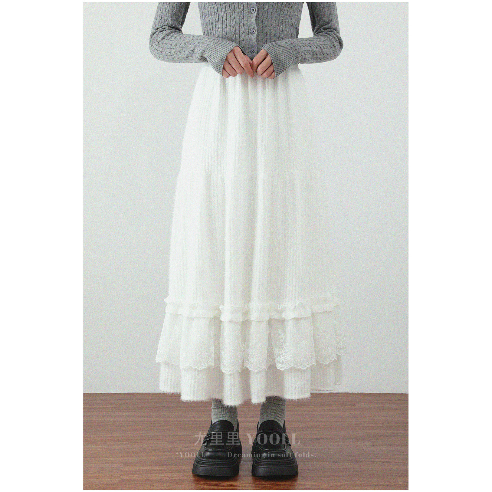 韩系拼接蕾丝花边半身裙秋冬新款高腰显瘦毛绒蛋糕仙气飘飘中长裙,女装/女士精品,大码半身裙,淘宝优惠券,粉丝福利购,淘宝优惠卷