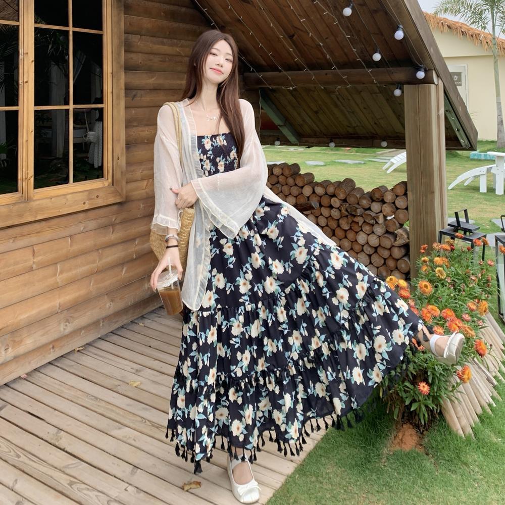 曼曼子大码法式印花吊带连衣裙夏梨形身材碎花裙遮肚子显瘦裙子