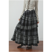 秋冬新款 复古格纹小众不规则木耳边拼接半身裙高腰显瘦气质长裙女