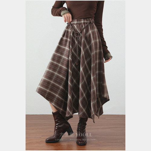 时尚百搭复古格子不规则半身裙秋冬新款高腰显瘦垂感鱼尾中长裙子