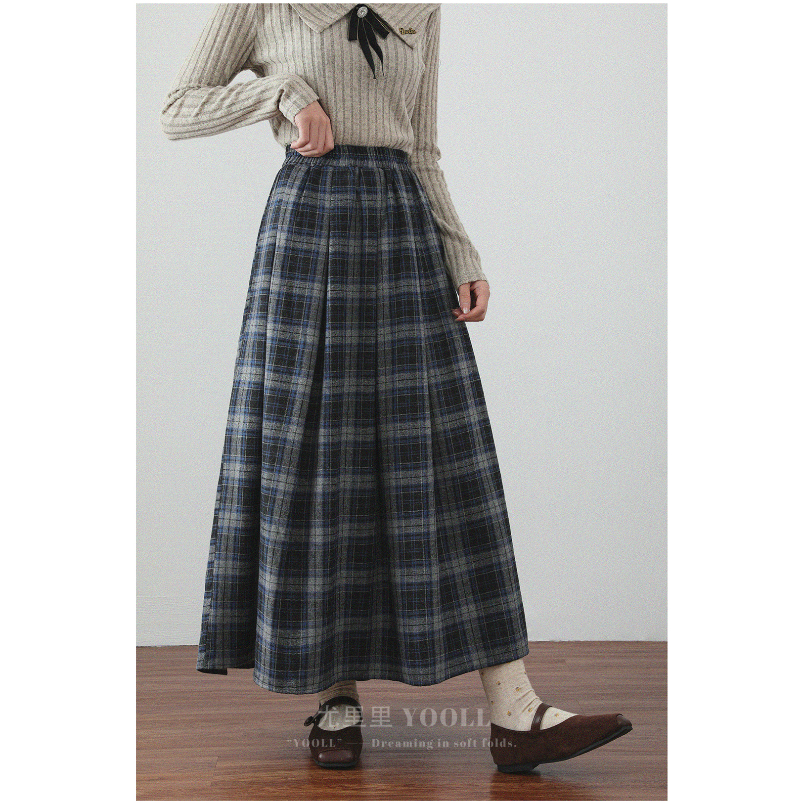 学院风巴恩风格纹半身裙秋冬新款高腰显瘦复古百褶裙A字中长群女