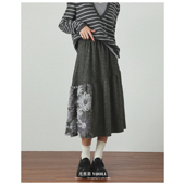 大码 灰色复古设计感立体花朵拼接半身裙秋冬胖mm气质中长款 裙子女