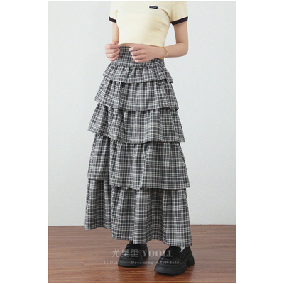小众复古层次感格子蛋糕裙高腰显瘦A字简约百搭蓬蓬裙甜美半身裙