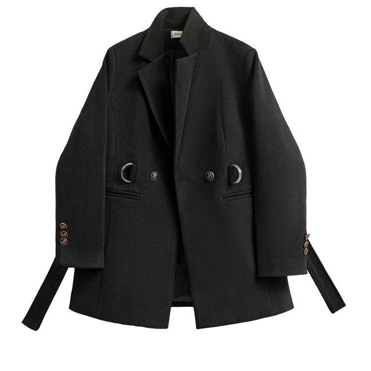 黑色韩系宽松系带西装毛呢2026春秋新款高级感休闲小个子外套女