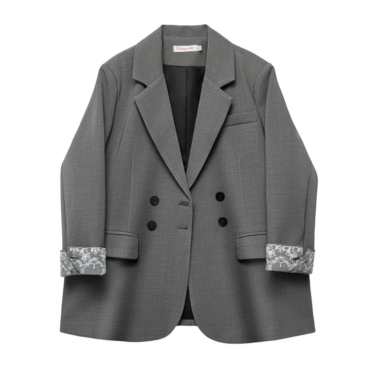 学院风蕾丝拼接设计感灰色西装