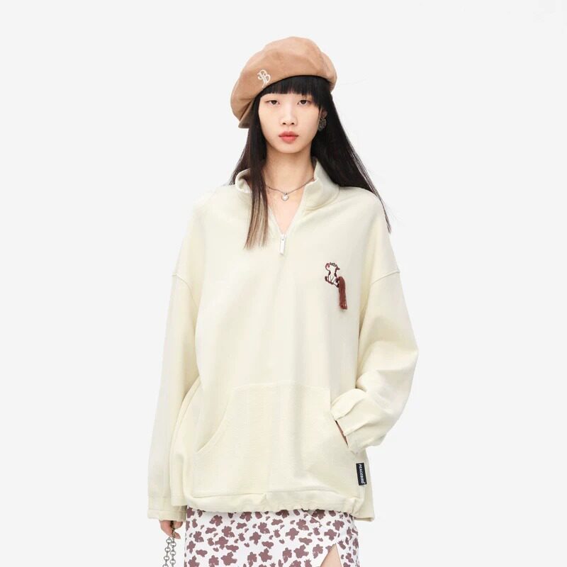 慵懒风半拉链卫衣女宽松休闲小猫刺绣可调节领口米白色上衣长袖秋