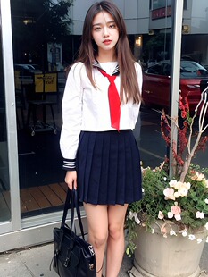 梅子堂日系水手服 JK三本绀领白色纯棉长袖上衣百褶裙多色领巾套