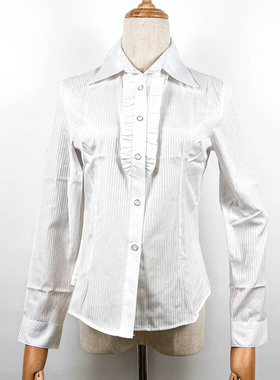 白色隐条纹长袖荷叶边领职业装lo裙内衬JSK衬衫小裙子内搭cla白领