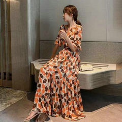 Summer new oil painting women's dress Daisy long skirt slim trumpet sleeve holiday Floral Dress