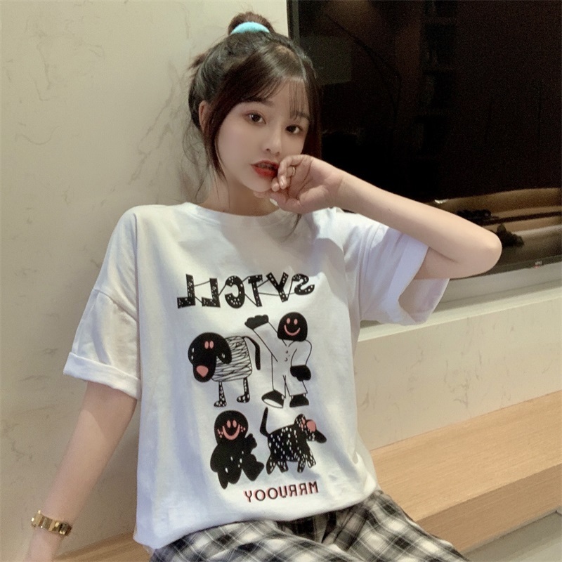 Real shot ~! Pullover cotton round neck printed short sleeve T-shirt