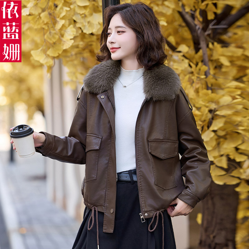 今年流行毛领加绒皮衣外套女冬季新款小个子短款宽松机车服皮夹克