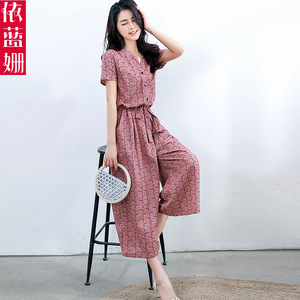 连体裤女夏2023新款韩版宽松收腰显瘦休闲棉麻碎花阔腿连衣裤套装