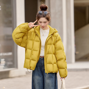 针织连帽泡芙羽绒服女冬2025新款设计感假两件宽松加厚白鸭绒外套