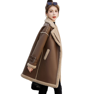 羊羔毛外套女冬季2024新款时尚中长款小个子加绒加厚皮毛一体大衣