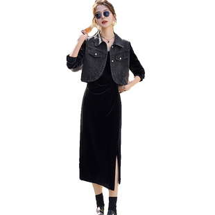 2024春秋新款金丝绒套装拼接牛仔外套时尚洋气减龄连衣裙两件套女
