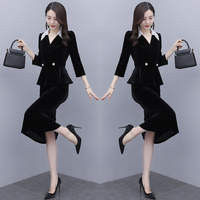 高端气质金丝绒套装裙2020秋季新款女装职业修身鱼尾半身裙两件套