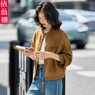 2025秋季新款复古立领时尚休闲鹿皮绒短款机车服皮夹克外套女洋气