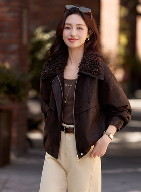 时尚小个子羊羔毛翻领棉服夹克女