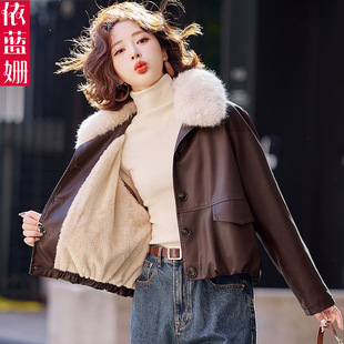 加绒短款皮衣外套女2025冬季新款欧货加厚时尚宽松减龄大毛领棉服
