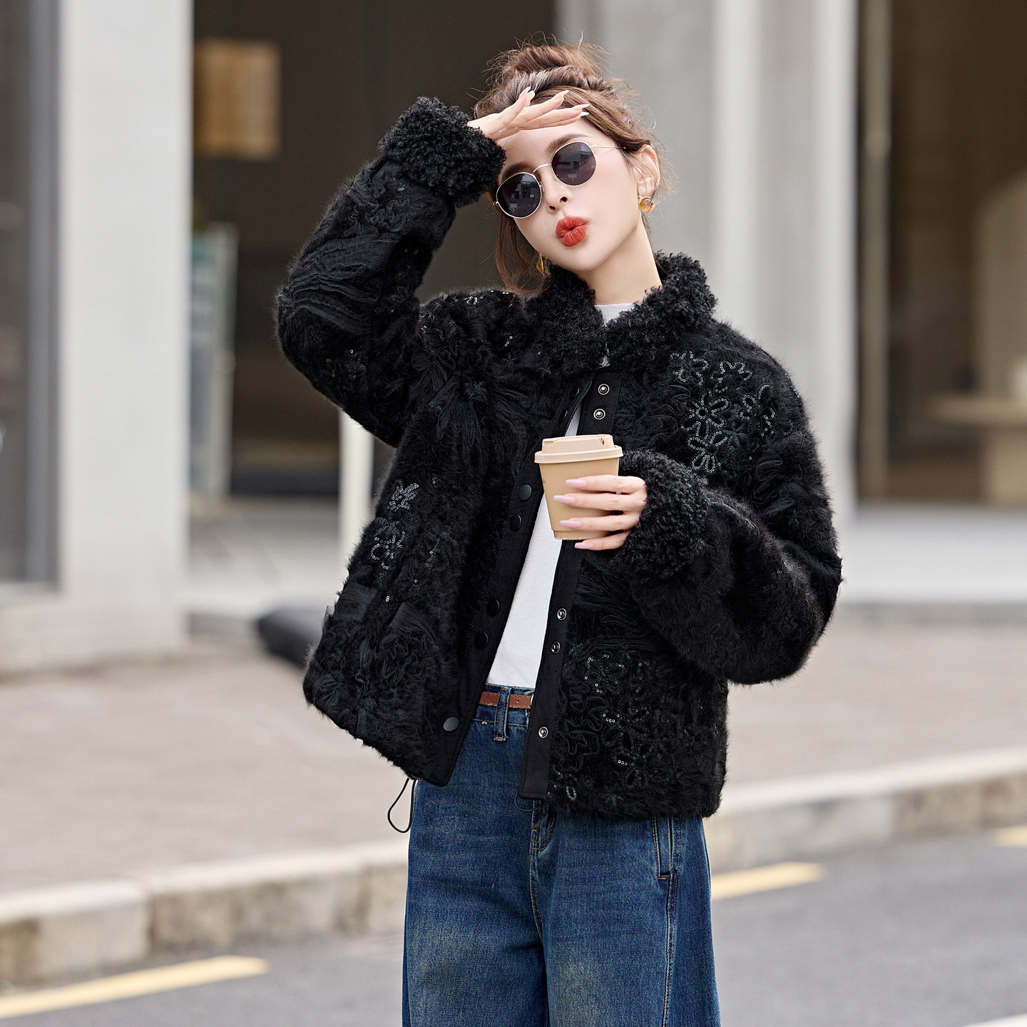 新中式重工亮片夹棉外套女2025年冬新款复古皮毛一体短款夹克棉衣