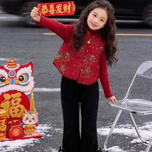新中式秋冬汉服女童红色马甲喇叭裤打底衫三件套新年拜年服中国风