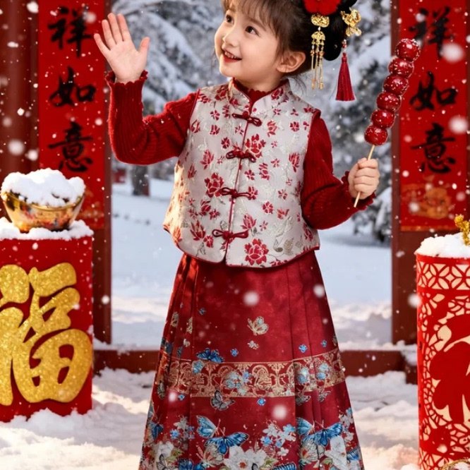 新中式秋冬汉服女童马甲盘扣半身加绒马面裙新年过年拜年服中国风,童装/婴儿装/亲子装,半身裙,淘宝优惠券,粉丝福利购,淘宝优惠卷